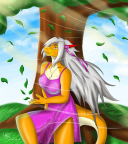 anthro breasts clothed clothing female grey_hair hair horn jewelry leaf long_hair mature_anthro mature_female necklace non-mammal_breasts outside plant red_horn smile solo tail tree wind harnny mythology aisyah_zaskia_harnny dragon mythological_creature mythological_scalie scalie hi_res