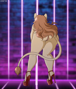 anthro anus big_breasts big_butt breasts butt clothing dancing female footwear fur genitals hair high_heels long_hair orange_hair platform_footwear platform_heels pole pole_dancing red_eyes shoes smile smiling_at_viewer solo vulva yellow_body yellow_fur chinetsu lionique felid lion mammal pantherine animated hi_res