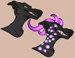 anthro black_body black_fur black_nose blue_eyes bodily_fluids body_horror fur green_eyes grin horn male pink_horn pink_sclera simple_background smile solo tan_background tears seraphictiger borzoi canid canine canis domestic_dog hunting_dog mammal sighthound hi_res