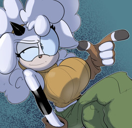 accessory anthro big_breasts bottomwear breasts cargo_pants clothing curly_hair eyelashes female fur green_bottomwear green_clothing green_pants hair hair_accessory hair_tie horn long_hair looking_away pants pose sitting smile solo topwear white_body white_fur white_wool wool_(fur) yellow_clothing yellow_topwear cleandrips idw_publishing sega sonic_the_hedgehog_(comics) sonic_the_hedgehog_(idw) sonic_the_hedgehog_(series) lanolin_the_sheep_(sonic) bovid caprine mammal sheep hi_res