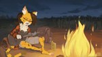 acoustic_guitar anthro bag bottomwear breasts camp campfire cheek_tuft clothing digitigrade eyes_closed facial_tuft female fire guitar hair inner_ear_fluff jacket landscape musical_instrument pawpads paws plucked_string_instrument prosthetic prosthetic_arm prosthetic_limb shorts singing sitting solo string_instrument tail topwear tuft maridiansnack felid feline mammal 16:9 hi_res widescreen