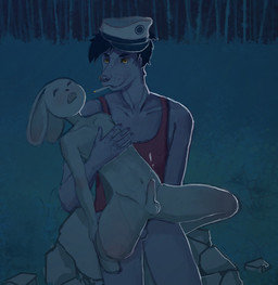 anthro duo forest male male/male plant public tree teru_uwu soyuzmultfilm well_just_you_wait! canid canine canis hare lagomorph leporid mammal wolf hi_res
