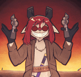 anthro belt biped brown_clothing brown_coat brown_topwear clothing coat eyewear facial_hair fur gloves goatee grin gun gun_spinning hair handgun handwear horn male multicolored_body multicolored_fur ranged_weapon red_body red_fur red_hair revolver round_sunglasses smile solo spinning_weapon sunglasses topwear two_tone_body two_tone_fur weapon white_body white_fur skashi95 canid canid_demon demon grinion mammal 2026 2d_animation animated digital_media_(artwork) loop