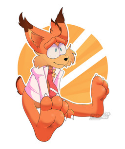 3_toes anthro barefoot blazer blue_eyes bottomless brown_body brown_fur chest_tuft claws clothed clothing ear_tuft fangs feet finger_claws fur male necktie orange_body orange_fur paws plantigrade simple_background sitting smile soles solo tail tan_body tan_fur teeth toe_claws toes topwear topwear_only tuft matixcs bubsy_(series) bubsy_4d bubsy_bobcat bobcat felid feline lynx mammal hi_res signature