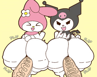 ambiguous_penetration anthro bent_over big_butt big_penis black_clothing black_hat black_headwear black_tail butt chibi clothing duo_focus eyes_closed female female_focus female_penetrated flower fur genitals group half-closed_eyes hat headgear headwear huge_butt looking_at_viewer looking_back looking_pleasured male male/female male_penetrating male_penetrating_female narrowed_eyes onomatopoeia penetration penis pink_clothing pink_hat pink_headwear pink_nose plant rear_view scut_tail sex short_tail simple_background sound_effects spade_tail tail text thick_thighs two_tone_hat vein veiny_penis white_body white_fur white_tail yellow_background furu_flami onegai_my_melody sanrio kuromi my_melody demon lagomorph leporid mammal rabbit 2025 digital_media_(artwork) hi_res