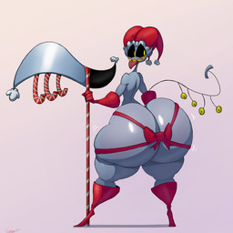 bell big_butt blush boots bubble_butt butt candy candy_cane clothing dessert food footwear gift_wrapped gloves handwear hat headgear headwear holidays huge_butt huge_hips humanoid_pointy_ears hyper hyper_butt hyper_hips jester looking_back male melee_weapon not_furry nude pointy_ears polearm rear_view scythe sharp_teeth shoes simple_background smile solo teeth thick_thighs tongue weapon wide_hips schplingnops christmas deltarune undertale_(series) jevil_(deltarune) darkner humanoid imp 1:1 absurd_res hi_res