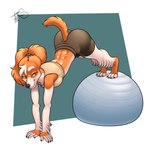 4_toes anthro ass_up athletic_wear bottomwear bra breasts cheek_tuft claws clothing crossgender ears_tied_back exercise exercise_ball facial_tuft feet female female_anthro floppy_ears fur gym_bottomwear gym_shorts hair half-closed_eyes multicolored_body multicolored_fur narrowed_eyes orange_body orange_fur paws raised_tail shorts simple_background smile solo sports_bra tail toe_claws toes tuft two_tone_body two_tone_fur underwear white_body white_fur white_hair freckles_(artist) pecas_(freckles) bird_dog canid canine canis domestic_dog hunting_dog mammal spaniel welsh_springer_spaniel 1:1 2019 hi_res