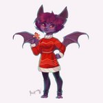 anthro bat_wings big_ears blush claws clothed clothing cookie dress female food gingerbread_cookie hair holiday_dressed membrane_(anatomy) membranous_wings purple_body red_eyes simple_background smile solo sweater_dress toony white_background wings wanderertamplior bat mammal 1:1 2022 absurd_res digital_media_(artwork) hi_res