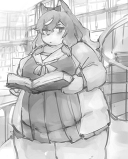 accessory anthro big_breasts black_nose book bookshelf bow_ribbon breasts closed_frown clothing detailed_background dress eyebrows female frown furniture hair_accessory hair_bow hair_ribbon half-closed_eyes holding_book holding_object kemono library looking_aside mouth_closed narrowed_eyes open_book overweight overweight_anthro overweight_female railing ribbons solo spiral_stairs stairs thick_thighs acorn12_o lifewonders tokyo_afterschool_summoners hecate_(tas) canid canine canis domestic_dog mammal 2025 greyscale hi_res monochrome portrait three-quarter_portrait