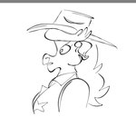 angry anthro big_hair clothing cowboy_hat ear_piercing ear_ring eyelashes female hair hat headgear headwear hoop_ear_ring piercing ring_piercing side_view solo bbqnboots40 ally_tinhorn bovid bovine cattle mammal bust_portrait monochrome portrait sketch