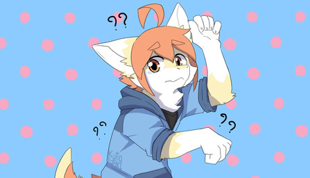 adolescent anthro arm_tuft blue_clothing blue_hoodie blue_topwear cheek_tuft clothed clothing dotted_background elbow_tuft eyebrow_through_hair eyebrows facial_tuft fur glistening glistening_eyes gloves_(marking) hair hoodie looking_at_viewer male markings mouth_closed orange_eyebrows orange_eyes orange_hair pattern_background simple_background solo standing tail text topwear translucent translucent_hair tuft white_body white_fur yellow_body yellow_fur young young_male kuttoyaki mythology kutto dragon furred_dragon furred_scalie mythological_creature mythological_scalie scalie artist_name half-length_portrait hi_res portrait