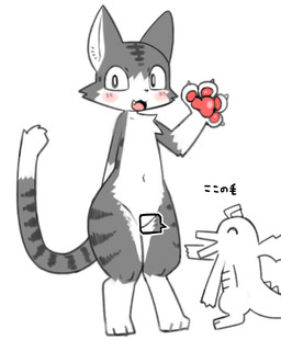 anthro biped blush claws digitigrade dipstick_tail duo finger_claws front_view fur gesture gloves_(marking) grey_body grey_fur hand_behind_back hand_gesture handpaw leg_markings looking_at_viewer markings multicolored_body multicolored_fur navel nude nude_anthro paws pointing pointing_at_another slim slim_anthro smile socks_(marking) striped_body striped_fur stripes tail tail_markings text two_tone_body two_tone_fur waving waving_at_viewer white_body white_fur pizademokttero mythology domestic_cat dragon felid feline felis mammal mythological_creature mythological_scalie scalie 2024 4:5 absurd_res digital_drawing_(artwork) digital_media_(artwork) hi_res japanese_text