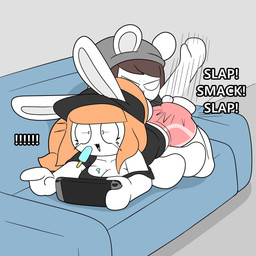 angry anthro beanie black_clothing black_hat black_headwear black_shirt black_topwear bodily_fluids bottomwear breasts brown_hair butt_slap cleavage clothed clothing duo electronics eyelashes female food furniture game_console grey_beanie grey_clothing grey_hat grey_headwear hair hat headgear headwear lying male male/female on_front on_top orange_hair pink_bottomwear pink_clothing pink_shorts ponytail popsicle popsicle_melting shirt short_tail shorts slap sofa spanking tail tears text topwear tonytoran nintendo nintendo_switch tina_(tonytoran) tony_(tonytoran) chinchilla chinchillid lagomorph leporid mammal rabbit rodent 1:1 absurd_res hi_res