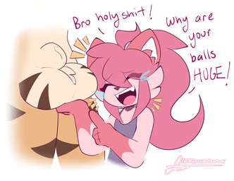 animal_genitalia anthro ball_fondling balls big_balls big_ears bodily_fluids cheek_tuft clothed clothing crying_laughing dialogue duo facial_tuft fangs fondling fur genitals gesture hair hand_gesture huge_balls humiliation inner_ear_fluff laugh male multicolored_body nude open_mouth orange_body pink_body pink_fur pointing ponytail sheath simple_background striped_balls striped_body striped_genitalia stripes tears teeth text tied_hair topwear tuft kurus shiori_(kurus) canid canine domestic_cat felid feline felis mammal raccoon_dog tanuki absurd_res digital_media_(artwork) english_text hi_res
