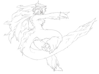 action_pose anthro attack breasts claws curling_toes feet female fluffy hair hindpaw horn long_hair nude paws pose side_boob solo higoro domestic_cat felid feline felis mammal 4:3 monochrome
