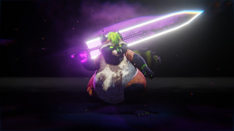 anthro belly big_belly fur glowing glowing_eyes glowing_sword green_hair hair holding_melee_weapon holding_object holding_sword holding_weapon male melee_weapon mouth_closed nude obese obese_anthro obese_male overweight overweight_anthro overweight_male solo standing sword tail weapon ian-exe ian_(ian-exe) mammal procyonid raccoon 16:9 2026 3d_(artwork) blender_(artwork) digital_media_(artwork) hi_res widescreen