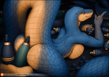 3_toes 5_fingers ammo_fetish anthro big_breasts blue_body blue_scales breasts butt earhole explosives feet female fingers grenade looking_back lying non-mammal_breasts nude on_front pupils rear_view scales side_boob slit_pupils smile soles solo tail text toes tongue tongue_out ventral_scales weapon vader-san gunmetal_(character) reptile scalie snake 2018 digital_media_(artwork) url