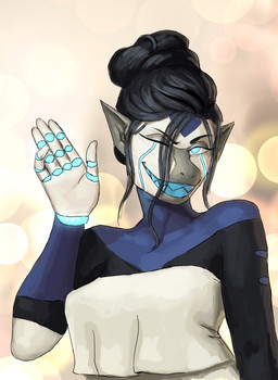 5_fingers anthro bare_shoulders blue_body blue_teeth clothed clothing female fingers glowing glowing_eyes glowing_markings grey_body hair hair_bun machine markings one_eye_closed sharp_teeth shirt solo t-shirt teeth tied_hair topwear wave white_body wink redustheriotact tera_(pyredaemos) haplorhine mammal monkey primate robot 2021 hi_res
