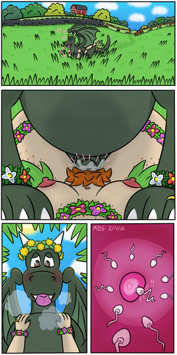 animal_genitalia bestiality blush bodily_fluids breasts breath cum cum_in_vagina cum_inside detailed_background digit_ring duo ejaculation eye_contact farm female female_pov feral first_person_view flower flower_accessory flower_crown from_front_position genital_fluids genitals grass hair happy happy_sex heart_eyes heart_symbol human_on_feral impregnation interspecies jewelry leaking_cum leg_wrap looking_at_another looking_at_viewer looking_pleasured lying male male/female married_couple meadow medium_breasts membrane_(anatomy) membranous_wings missionary_position narrowed_eyes nipples nude on_back on_front on_grass on_ground orange_hair orgasm outside ovum panting penetration penile penile_penetration penis penis_in_vagina plant pubes raised_arms ring romantic sex sheath smile sperm_cell steamy_breath sweat symbol three-quarter_view tongue tongue_out vaginal vaginal_penetration vulva wedding_ring wings magnum_mk european_mythology mythology gretchen_(magnum_mk) lucius_(magnum_mk) dragon human mammal mythological_creature mythological_scalie scalie western_dragon 1:2 2026 absurd_res comic digital_media_(artwork) hi_res shaded soft_shading