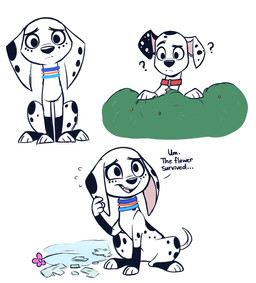 black_ears black_nose black_spots blue_collar broken_vase button_ears collar confusion duo female floppy_ears flower flower_vase freckled_face freckles fur heterochromatic_ears leg_markings male markings paws pink_flower plant red_collar shrub socks_(marking) spots vase water white_body white_fur higglytownhero 101_dalmatian_street 101_dalmatians disney dolly_(101_dalmatians) dylan_(101_dalmatians) canid canine canis dalmatian domestic_dog mammal hi_res