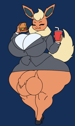 anthro balls beverage big_balls big_breasts big_penis blazer breasts burger chewing clothing flaccid food footwear foreskin genitals gynomorph high_heels intersex office_lady penis shoes simple_background transparent_background chudnari nintendo pokemon ava_(chudnari) eeveelution flareon generation_1_pokemon pokemon_(species) 3:5 alpha_channel hi_res