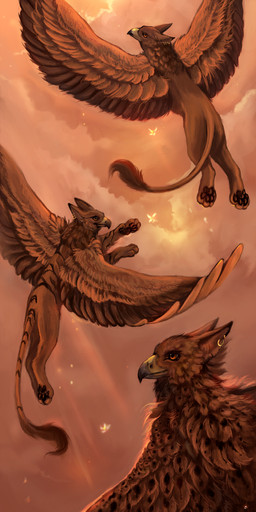 amber_eyes ambiguous_gender beak brown_body brown_eyes brown_feathers cloud day ear_piercing feathered_wings feathers feral flower flying fur group markings pawpads paws piercing plant sky spots spotted_body spotted_feathers sun tail wings flashw mythology avian gryphon mythological_avian mythological_creature 2013 digital_media_(artwork) digital_painting_(artwork) hi_res painting_(artwork)