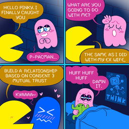 4_fingers 4_panel_comic asking asking_another bed blue_bedding blue_blanket blue_body blue_eyelids blue_eyes blue_line_art blue_pillow blue_wall blush blush_lines blushing_profusely bodily_fluids breath brick_wall closed_frown dialogue dream duo eyelashes eyeless female fingers fingers_together frown furniture heart_eyes heart_symbol hearts_around_head holding_object holding_plushie inside interspecies light limbless looking_at_another love male male/female mouth_closed name_drop name_in_dialogue narrowed_eyes no_pupils noseless not_furry on_bed open_mouth open_smile panting pillow pink_body pink_line_art plushie poster_(object) question romantic romantic_ambiance sitting sitting_on_bed smile smiling_at_another squint sweat sweaty_face talking_to_another text waking_up wall_(structure) white_mouth yellow_body yellow_skin tanookitalez bomberman frogger konami pac-man_(series) pac-man pinky_(pac-man) bomberman_(species) ghost pac-person spirit 1:1 2023 colored colored_line_art comic crossover digital_media_(artwork) english_description english_text hi_res lighting