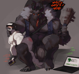 anthro balls computer electronics financial_domination fur genitals holidays horn laptop male muscular muscular_anthro muscular_male nipples pecs penis red_eyes simple_background spank_marks text tongue tongue_out kogito christmas aaron_(docbotfromdoom) krampus bovid caprine caprine_demon demon goat_demon mammal absurd_res english_text hi_res