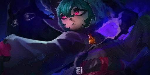 black_clothing blank_expression cloak clothing drawn_on_face duo female green_hair hair hood jewelry magic not_furry pendant purple_eyes raised_arm sash shadow short_hair simple_background solo_focus standing reysuu league_of_legends riot_games tencent shadow_(lol) vex_(lol) mammal shadow_creature spirit yordle digital_drawing_(artwork) digital_media_(artwork) hi_res