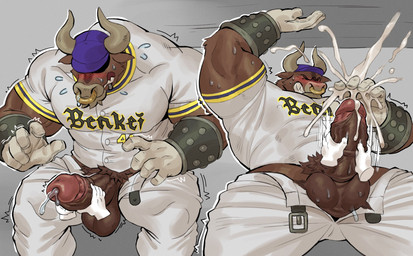 5_fingers anthro armor balls baseball_(sport) baseball_cap baseball_uniform belt big_penis blush bodily_fluids bottomwear bovid_horn bovine_horn bracers brown_balls brown_body brown_fur brown_penis bull_horn clenched_teeth clothed clothing covered_eyes cum cum_on_hand disembodied_hand duo ejaculation excessive_cum excessive_genital_fluids facial_piercing fingers fur genital_fluids genitals grey_background handjob hat headgear headwear horn humanoid_genitalia humanoid_penis hunchback jersey male muscular muscular_male nipple_outline nose_piercing nose_ring open_belt open_bottomwear open_clothing open_pants pants penile penis piercing precum raised_arm retracted_balls ring_piercing sex shaking shirt simple_background sitting solo_focus sport sportswear sweat teeth topwear uniform adios yaiba_(series) benkei_musashibo bovid bovine cattle mammal 2025 hi_res multiple_scenes