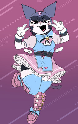 anthro blue_clothing blue_legwear blue_thigh_highs boots bow_ribbon clothed clothing cute_fangs fangs female footwear fur gloves hair handwear legwear looking_at_viewer magic magical_girl_outfit shoes simple_background smile solo spade_tail tail teeth thick_thighs thigh_highs white_body white_clothing white_gloves white_handwear astralc0de onegai_my_melody sanrio kuromi my_melody demon lagomorph leporid mammal rabbit absurd_res digital_media_(artwork) hi_res