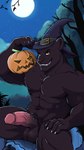 clothing felid feline flexing food forest forest_background fruit fuzzylynx genitals halloween hat headgear headwear hi_res holidays male mammal moon muscular nature nature_background pantherine penis plant pumpkin solo tree witch_hat