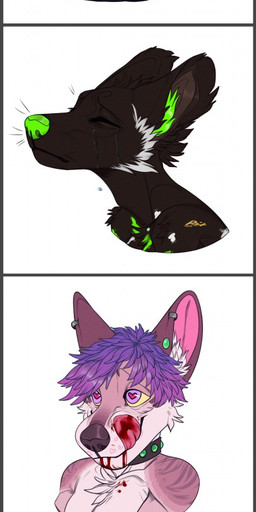 ambiguous_gender anthro black_clothing black_collar black_topwear blood blood_from_mouth blood_in_mouth blood_on_tongue bodily_fluids brown_body brown_fur brown_hair brown_nose cheek_tuft chest_tuft clothed clothing collar crying ear_piercing ear_ring eyes_closed facial_tuft fur gauged_ear glistening glistening_eyes green_eyes green_nose hair licking licking_lips licking_own_lips male mouth_closed nude piercing pink_body pink_fur pink_inner_ear purple_hair ring_piercing self_lick side_view simple_background solo tears three-quarter_view tongue tongue_out topwear tuft white_background riorix canid mammal bust_portrait hi_res multiple_images portrait signature