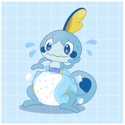 ambiguous_gender big_diaper blue_background blue_body blue_tail blue_tail_tip bodily_fluids border clean_diaper clothed clothing cloud_emanata curled_tail diaper diaper_only diaper_puff dipstick_tail earless emanata feral flying_sweatdrops front_view hand_on_face huge_diaper markings simple_background solo standing sweat sweatdrop tail tail_markings topless wavy_mouth wearing_diaper white_border worried jupiters nintendo pokemon generation_8_pokemon pokemon_(species) sobble 1:1 full-length_portrait hi_res portrait