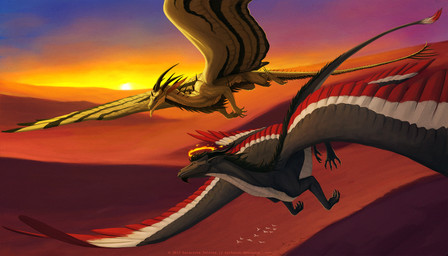 black_hair claws day desert duo feathered_wings feathers feral hair horn outside red_body red_feathers sky sun tail wings sythgara mythology dragon mythological_creature mythological_scalie scalie hi_res