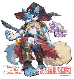 abs ambiguous_gender anthro armor athletic athletic_male blue_body blue_eyes blue_fur clothed clothing duo fangs feral fur hair hat headgear headwear looking_at_viewer male multicolored_body multicolored_fur partially_clothed potion_bottle purple_body simple_background standing tail teeth tentacles two_tone_body two_tone_fur underwear white_background witch_hat yellow_sclera makotoo aquatic canid canine canis cephalopod coleoid mammal mollusk octopodiform octopus wolf absurd_res hi_res