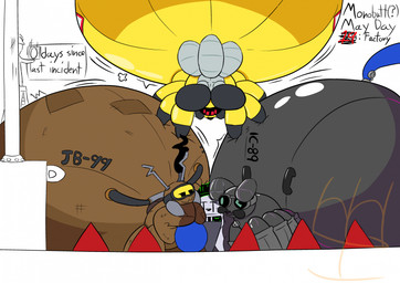 ._. abdominal_bulge black_outline black_sclera blank_stare blue_hose brown_body eyewear factory goggles grey_body hose hose_inflation hyper hyper_abdominal_bulge inflation latex_body midair motion_lines outline red_eyes yellow_body imhiddenhare guess_we_doin_(meme) ic-89 nito_(imhiddenhare) patch_(giik_and_finalcord) phosphi-4 arachnid arthropod spider 2026 hi_res signature