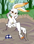 anthro female forest forest_background hands_behind_head looking_at_viewer messy mud mud_pit nature nature_background nipples nude plant slim soccer_ball_print solo tree wam sebaku nintendo pokemon generation_8_pokemon lagomorph leporid mammal pokemon_(species) rabbit scorbunny hi_res