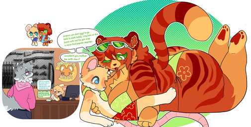 anthro anthro_on_anthro big_breasts big_butt bikini breasts butt chest_tuft chibi cleavage clothed clothing electronics female flirting floral_print gun larger_female looking_at_cleavage lying male male/female on_front phone photo ranged_weapon romantic romantic_couple size_difference smaller_male speech_bubble store swimwear tail text texting tige tuft two-piece_swimsuit weapon arcadebunni nami_(arcadebunni) snips_(arcadebunni) mammal mouse murid murine rodent english_text halftone hi_res