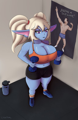big_breasts bottomwear bra breasts cleavage clothed clothing exercise female huge_breasts humanoid_pointy_ears male muscular muscular_female not_furry pointy_ears poster shorts shortstack shortstack_female solo sports_bra underwear weights cranihum league_of_legends riot_games tencent poppy_(lol) human humanoid mammal yordle 2021 hi_res