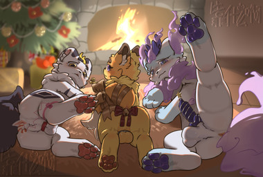 anus balls black_tail blush feral fireplace fur genitals group male male/male penis purple_eyes purple_penis purple_tail quadruped tail trio white_body white_fur yellow_body yellow_eyes yellow_fur yellow_tail kaoshenmea fabulous_beasts murong_xuequan_(meimei) qishiqi_(fabulous_beasts) suanni_(fabulous_beasts) humanoid hi_res