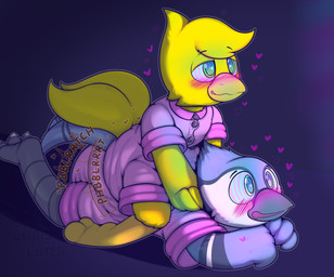 2_tails 2_toes 3_fingers 3_toes ambiguous_gender anthro beak big_diaper blue_body blue_feathers blue_tail blush blush_lines bodily_fluids button_(fastener) claws clothed clothing diaper diaper_under_clothing diaper_under_onesie drooling duo feathers feces feet fingers grey_beak grey_body grey_feathers hand_on_shoulder heart_eyes heart_symbol lock_symbol lying multi_tail multicolored_body multicolored_feathers on_front onesie open_beak open_mouth open_smile pink_onesie pooping saliva simple_background sitting_on_another smile soiled_diaper soiling soiling_diaper sound_effects spiral spiral_eyes tail text toe_claws toes unclean_diaper used_diaper using_diaper vowelless vowelless_sound_effect wearing_diaper white_body white_feathers yellow_beak yellow_body yellow_feathers yellow_tail ludis-luteo final_fantasy square_enix ace_(boredomwithfriends) del_the_bluejay avian blue_bird chocobo artist_name