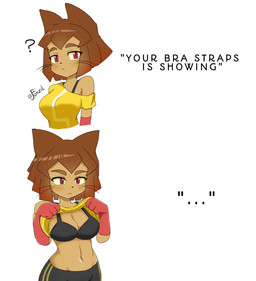anthro athletic athletic_anthro athletic_female big_breasts black_bra black_clothing black_underwear blush bra bra_strap breasts brown_eyebrows brown_hair cleavage closed_frown clothed clothing clothing_lift ellipsis eyebrows female female_anthro frown hair looking_at_viewer mouth_closed navel presenting presenting_bra presenting_breasts question_mark shirt shirt_lift simple_background solo standing text topwear underwear whiskers white_background yellow_clothing yellow_shirt yellow_topwear jayfonzil bra_strap_showing_(meme) gameoverse glitch_productions kit_bodega felid feline mammal 2026 english_text hi_res meme signature