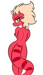 anthro blonde_hair breasts female hair outline red_body simple_background solo shinkaku amphibia_(series) disney general_yunan amphibian newt salamander digital_media_(artwork) hi_res