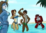 anthro athletic beach biceps bikini clothed clothing cloud day eyebrows female flexing group male muscular outside pose raised_eyebrow seaside skimpy sky speedo swimwear tail tight_clothing two-piece_swimsuit amonomega amonomega_(character) cherushi_(character) anubian_jackal canid canine canis felid feline hybrid jackal lion mammal pantherine serval wolf 2012