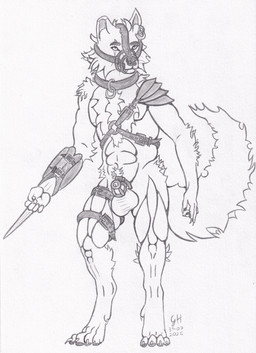 animal_genitalia anthro balls big_balls biped chastity_cage chastity_device collar ear_piercing genitals male muscular muscular_male muzzle_(object) piercing scar sheath solo standing weapon guglehupf hugo_(guglehupf) canid canine canis mammal wolf hi_res traditional_media_(artwork)