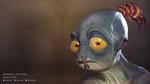 blue_body close-up feathers humanoid_pointy_ears looking_at_viewer male orange_eyes sewn_mouth solo text yellow_sclera unknown_artist oddworld abe_(oddworld) alien alien_humanoid humanoid mudokon 16:9 3d_(artwork) 4k absurd_res alternate_version_at_source digital_media_(artwork) hi_res official_art url wallpaper widescreen