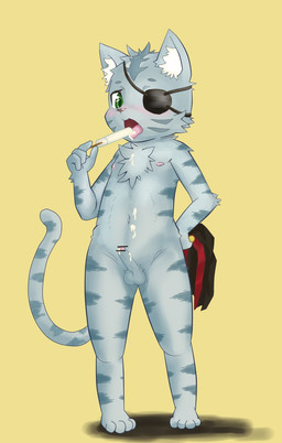 anthro balls blush clothing erection eye_patch eyewear food food_on_body food_on_penis foreskin fur genitals green_eyes grey_body grey_fur hat headgear headwear holding_clothing holding_hat holding_headgear holding_headwear holding_object kemono licking licking_popsicle male navel nipples penis popsicle simple_background solo tail tongue young kurokiriririri bemani konami pop'n_music kagetora_(pop'n_music) felid mammal pantherine tiger hi_res