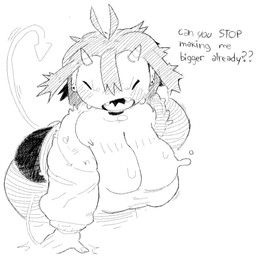 angry big_breasts big_butt blush bodily_fluids bottomwear breast_squish breasts butt choker clothing female hair horn huge_breasts jacket jewelry miniskirt motion_lines necklace noseless sharp_teeth short_hair simple_background skirt solo spade_tail squish sweat tail talking_to_viewer teeth text thick_thighs topwear nucr4r demon humanoid hatching_(art) hi_res monochrome shaded