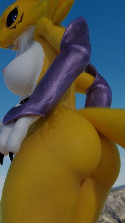 3_fingers anthro areola armwear big_breasts big_butt black_sclera blue_eyes blue_sky blurred_background breasts bridal_gauntlets butt claws clothing day digimorph eyelashes female fingers fur gradient_sky looking_at_viewer mountain neck_tuft nipples open_mouth outside pink_areola pink_nipples purple_armwear purple_bridal_gauntlets purple_clothing side_view sky solo text thick_thighs tuft white_body white_fur wide_hips yellow_body yellow_fur yin_yang mrs_dexie furromantic_(modeler) bandai_namco digimon renamon_(furromantic) canid canine digimon_(species) mammal renamon 2025 3d_(artwork) 4k 9:16 absurd_res digital_media_(artwork) english_text hi_res